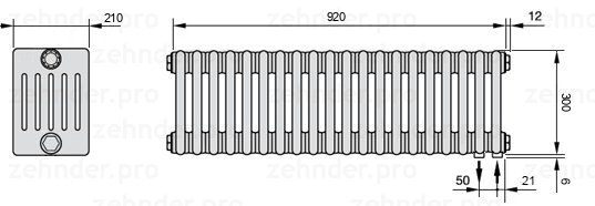 Схема (чертеж) Радиатор Zehnder Charleston 6030/20 №5510 Белый глянцевый RAL 9016